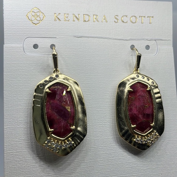 Kendra Scott Anna Drop Gold Bronze Veined Maroon Jade Earrings - Picture 5 of 8